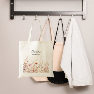 Tote Bag femme de chambre beige fleur sauvage rose