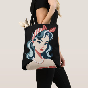 Tote Bag femme des années 1950 portant une écharpe art colo