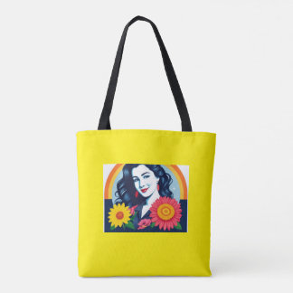 Tote Bag femme heureuse souriante face aux fleurs