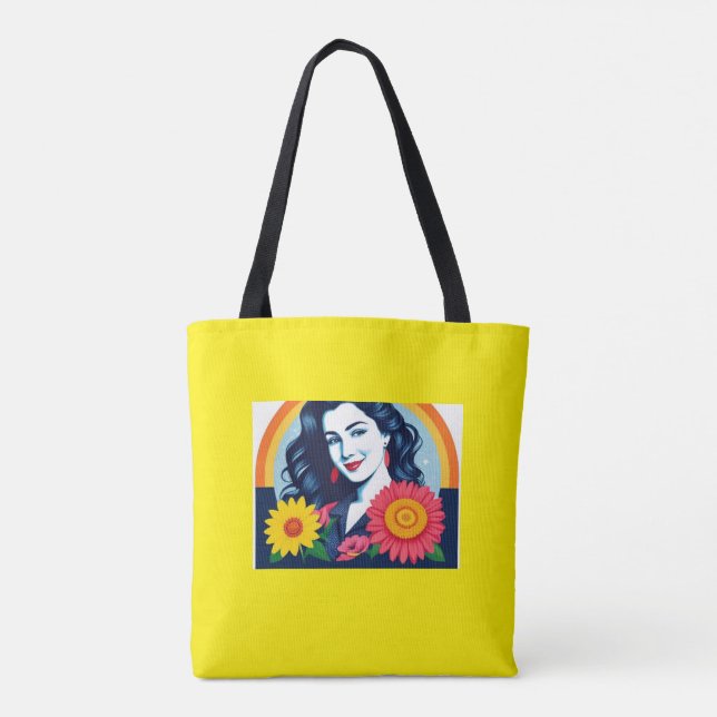 Tote Bag femme heureuse souriante face aux fleurs (Dos)