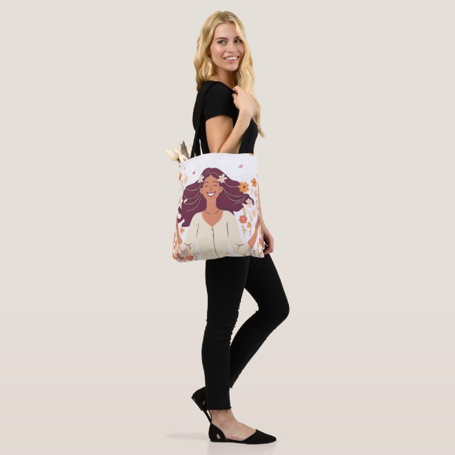 Tote Bag Femme joyeuse esthétique avec fleurs (Sur le modèle)