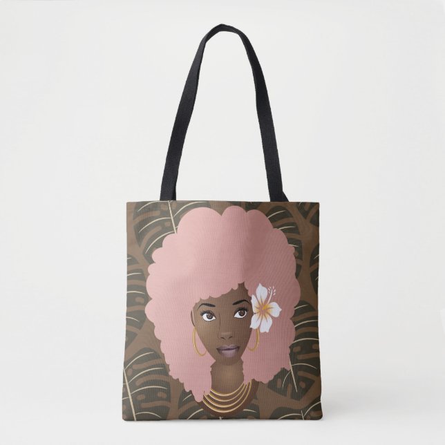 Tote Bag Femme noire, Afro rose, Motif feuille, Brown (Devant)