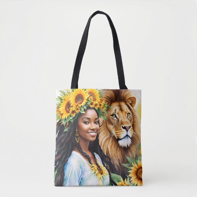 Tote Bag Femme noire avec des tournesols et Lion Leo (Devant)