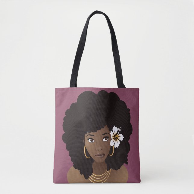Tote Bag Femme noire avec une fleur dans les cheveux, viole (Devant)