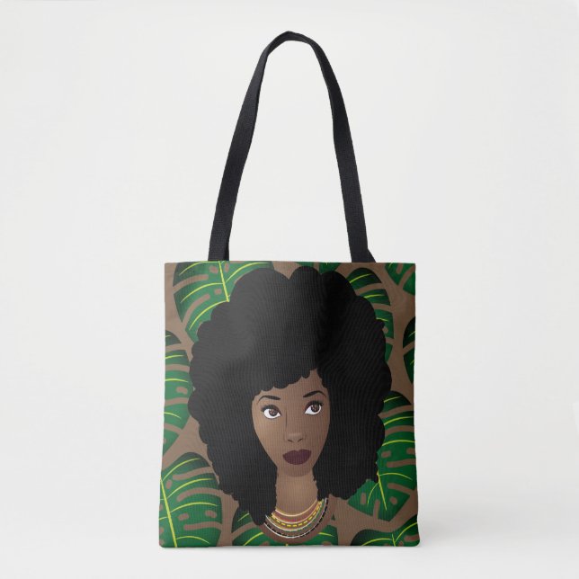 Tote Bag Femme noire, Cheveux naturels, Feuilles verts, Bro (Devant)
