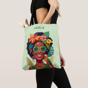 Tote Bag Femme noire, fleurs tropicales et perroquet