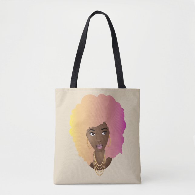 Tote Bag Femme noire, Jaune coloré, Cheveux orange et rose (Devant)