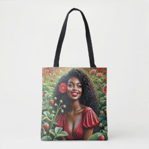 Tote Bag Femme Noire Portant Le Rouge Dans Le Champ De Frai