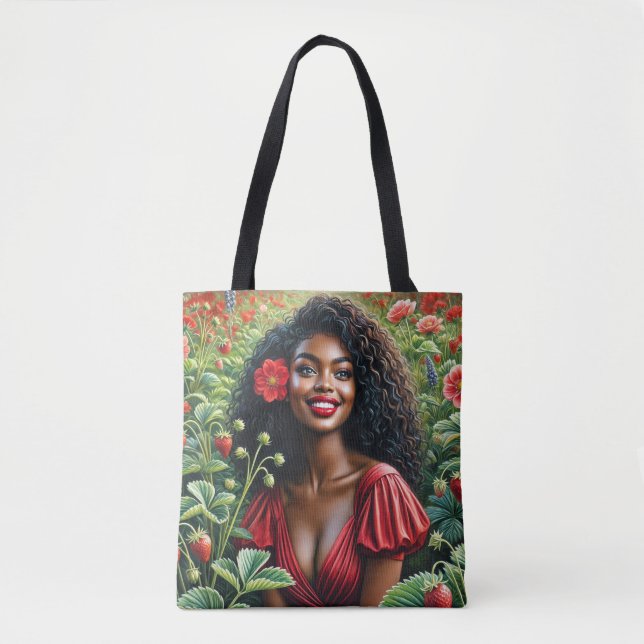Tote Bag Femme Noire Portant Le Rouge Dans Le Champ De Frai (Devant)