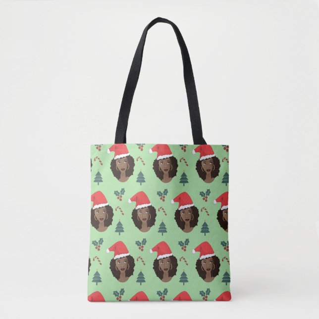 Tote Bag Femme noire, Santa Hat, Motif de Noël Vert (Devant)
