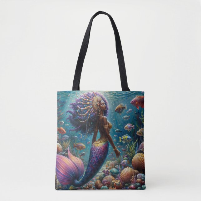 Tote Bag Femme Noire Sirène Avec Queue Violette Sous L'Eau (Devant)
