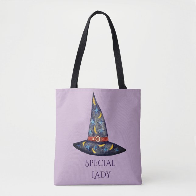 Tote Bag Femme spécialeCasquette de sorcière noire, Étoiles (Devant)