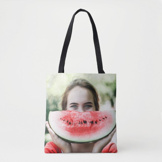 Tote Bag Femme tenant une pastèque tranchée (Devant)