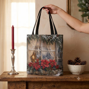 Tote Bag Fenêtre de Noël au poinsettia enneigé