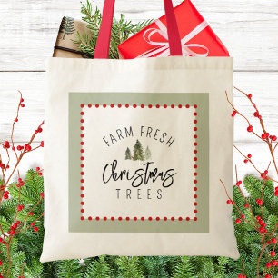 Tote Bag Ferme Fraîches Arbres de Noël Vert Aquarelle rouge