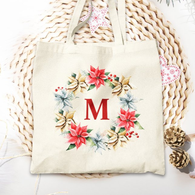 Tote Bag Ferme Poinsettia Russe Wreath d'hiver Monogramme (Créateur téléchargé)