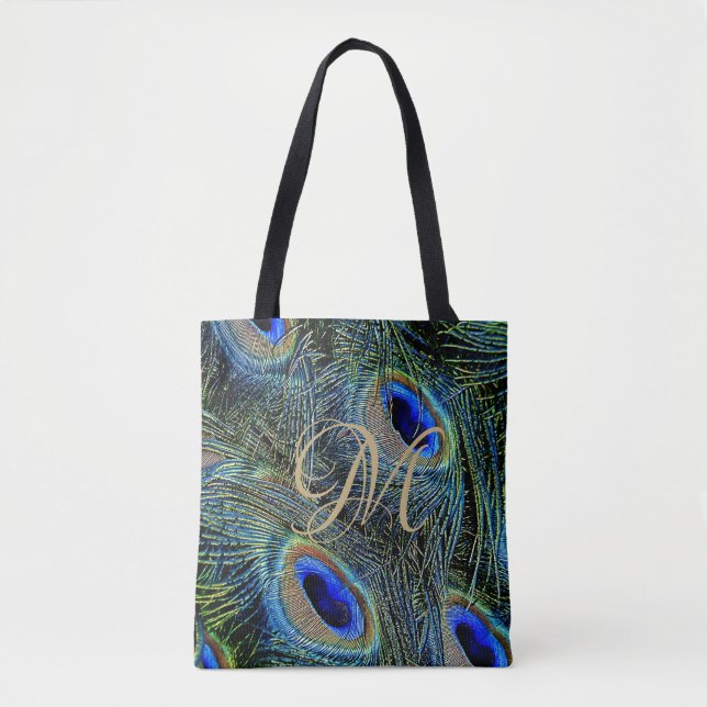 Tote Bag Fermer Colorful Peacock Feaths Or Monogramme (Devant)