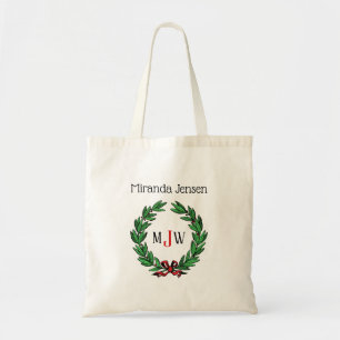 Tote Bag Festif Noël Noël Noël Holly Wreath Monogramme