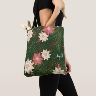 Tote Bag Festif Vert Joyeux Poinsettia Noël