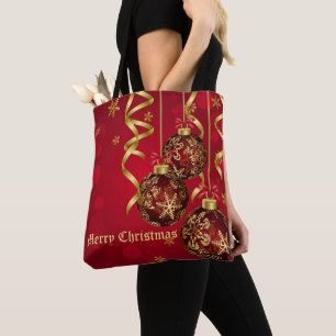 Tote Bag Festive tendance Rouge et ornements de Noël doré