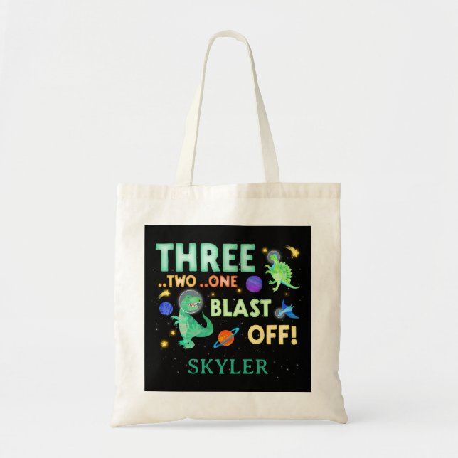 Tote Bag Fête d'anniversaire 3 ans Dinosaure Espace Décolla (Devant)