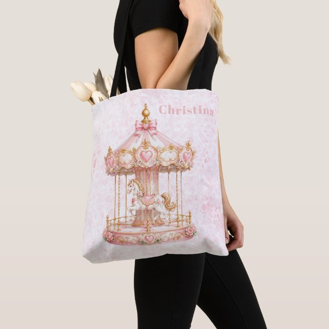 Tote Bag Fête d'anniversaire de princesse carrousel rose  (De près)