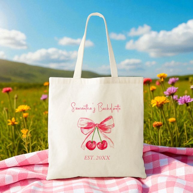 Tote Bag Fête de Bachelorette Cerise Rose Coquette  (Créateur téléchargé)