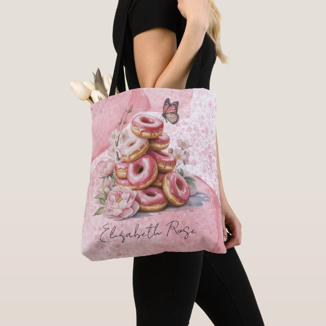 Tote Bag Fête de naissance fille aux donuts roses et papill (De près)