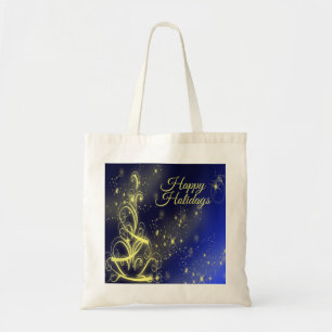 Tote Bag Fête de Noël Arbre d'or Étoiles Marine Fêtes Bleue