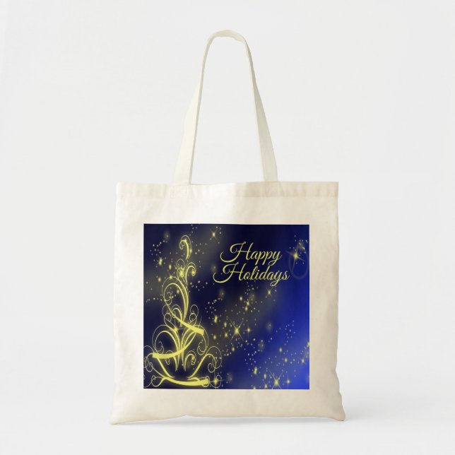 Tote Bag Fête de Noël Arbre d'or Étoiles Marine Fêtes Bleue (Devant)