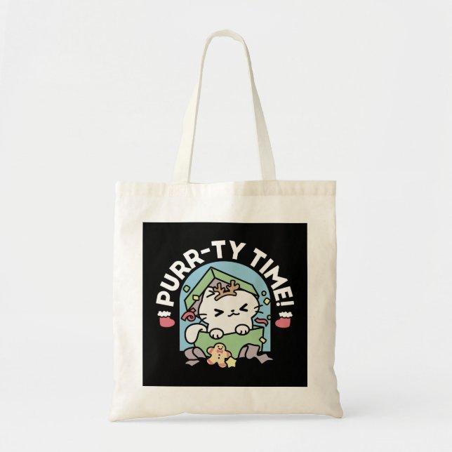 Tote Bag Fête de Noël avec Purr-ty Time Cat (Devant)