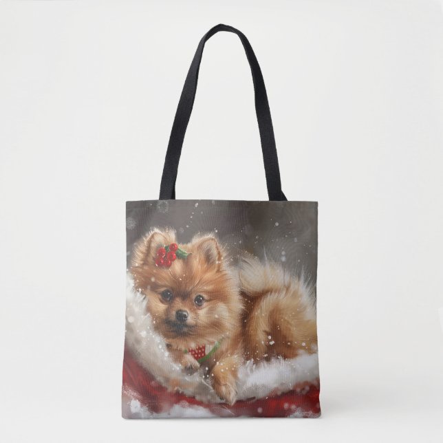 Tote Bag Fête de Noël de Chien de Poméranie (Devant)
