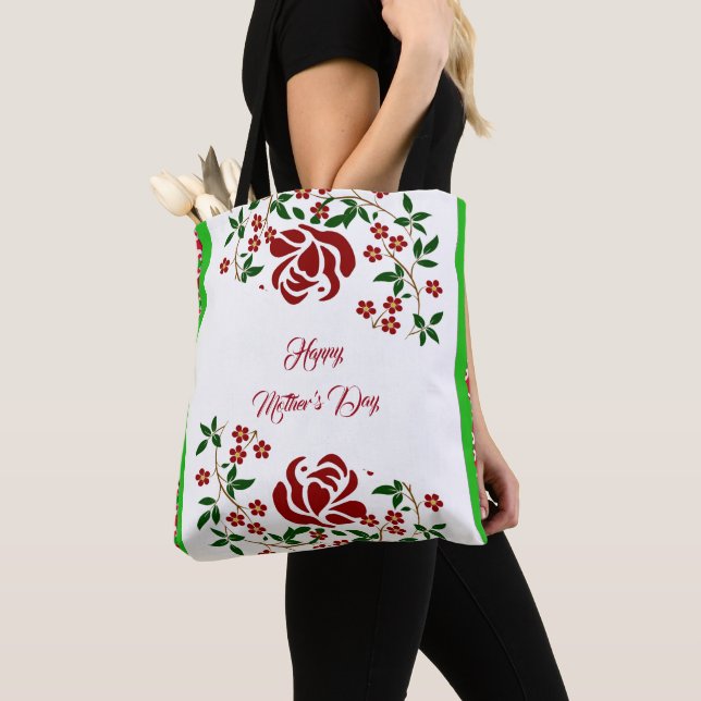Tote Bag Fête des mères Roses Rouges Florales Feuillage Vég (De près)