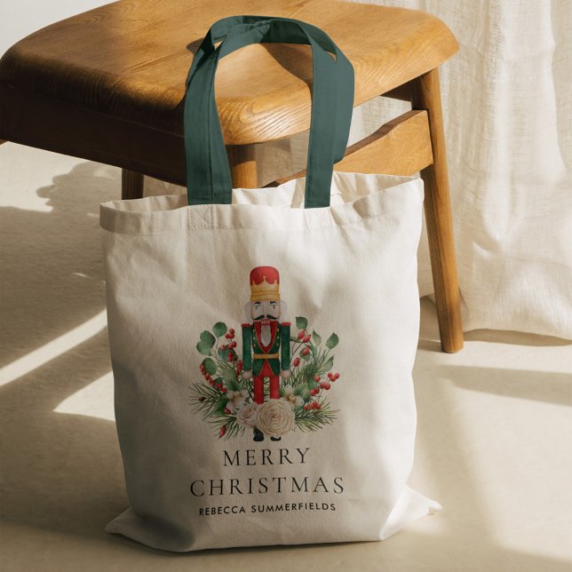 Tote Bag Fêtes de Noël Nutcracker Custom (Christmas Nutcracker Greenery Red Berries Green Handles Tote Bag)