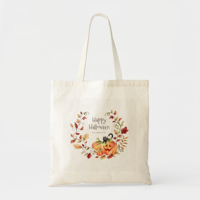 Tote Bag Feuillage d'automne d'Halloween, Chat noir et Citr (Devant)