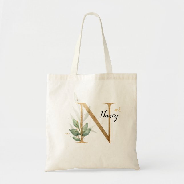 Tote Bag Feuillage d'or vert Élégant feuillage Monogramme " (Devant)