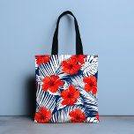 Tote Bag Feuillage tropical Hibiscus floral rouge<br><div class="desc">Ce design présente un feuillage tropical blanc sur un arrière - plan bleu marine avec des fleurs d'hibiscus rouge vif. #tropical #floral #fleurs #hibiscus #élégant #style #féminin #motif #plage</div>