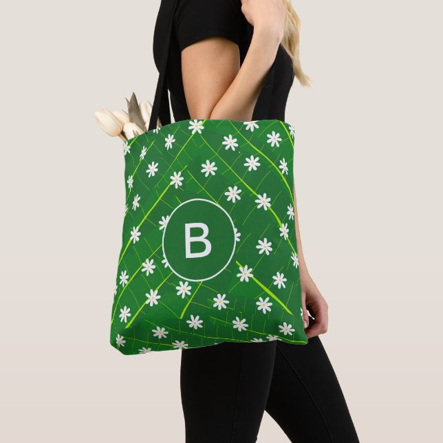 Tote Bag feuille de banane tropicale et fleurs vert botaniq (De près)