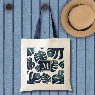 Tote Bag Feuille de Monstère Tropicale Bleue et Blanc de la
