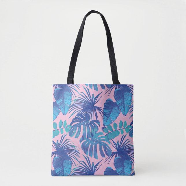 Tote Bag Feuille de palme tropicale rose bleu (Devant)