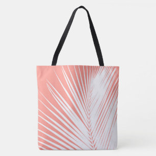 Tote Bag Feuille de palmier - blanc sur fond rose corail