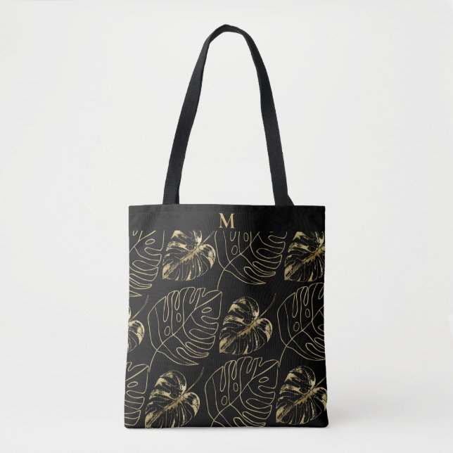 Tote Bag Feuille de palmier dorée motif tropical | Monogram (Devant)