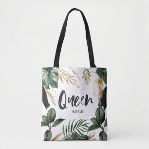 Tote Bag Feuille tropicale et typographie de reine