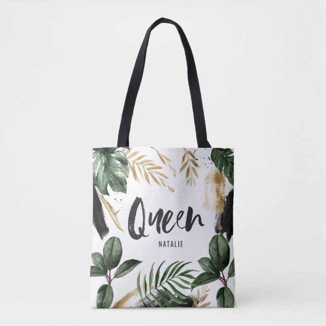 Tote Bag Feuille tropicale et typographie de reine (Devant)