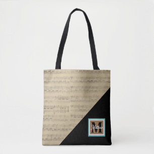 Tote Bag Feuille vintage Musique note Musicien Monogramme