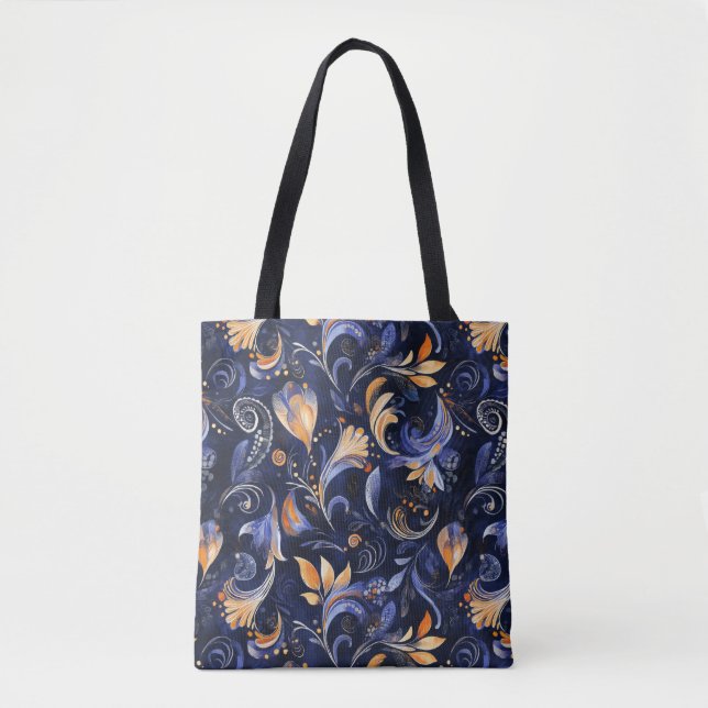 Tote Bag Feuilles Abstraits Paisley bleu et or (Devant)