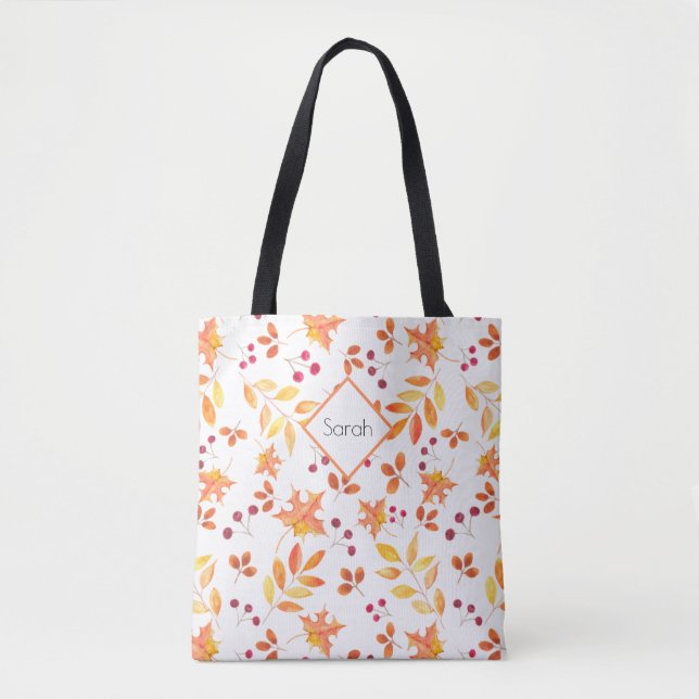 Tote Bag Feuilles automnales Aquarelle Monogramme (Devant)