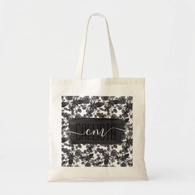 Tote Bag Feuilles d'aquarelle monochrome gris noir (Devant)