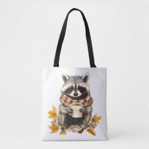 Tote Bag Feuilles d'automne confortable raccoon avec tasse 
