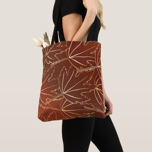 Tote Bag Feuilles d'automne doré motif sur brun (De près)